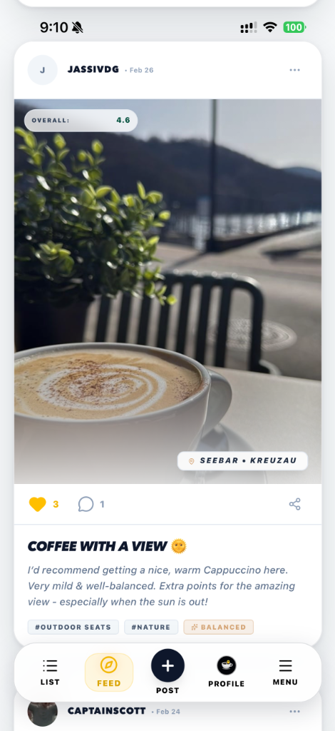 Brew Routes feed view shown in a 3D iPhone mockup