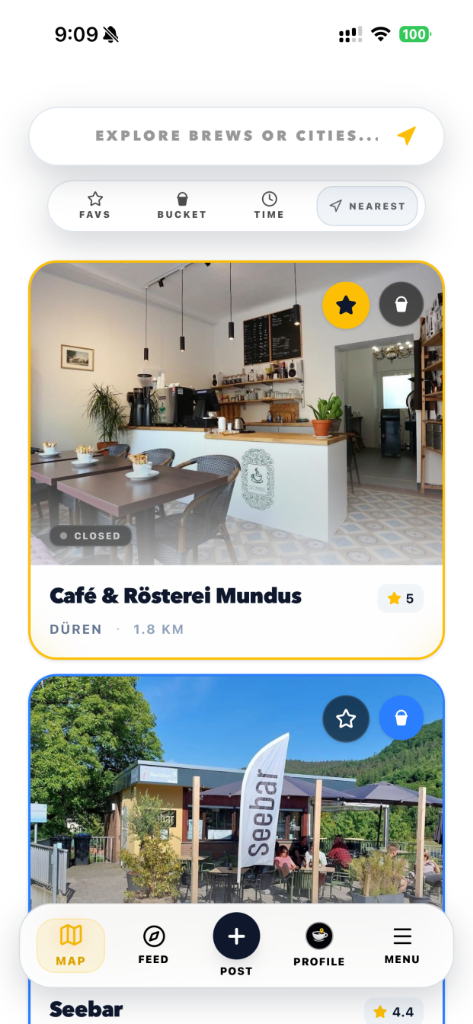 Brew Routes list view shown in a 3D iPhone mockup