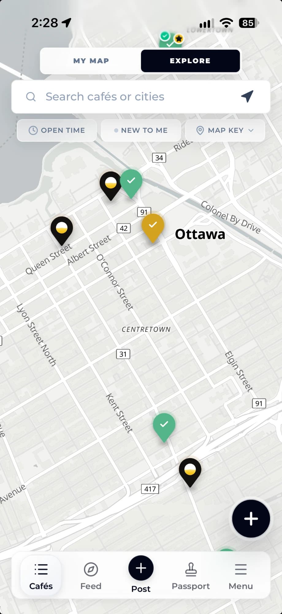 The Brew Routes map showing cafés in central Ottawa