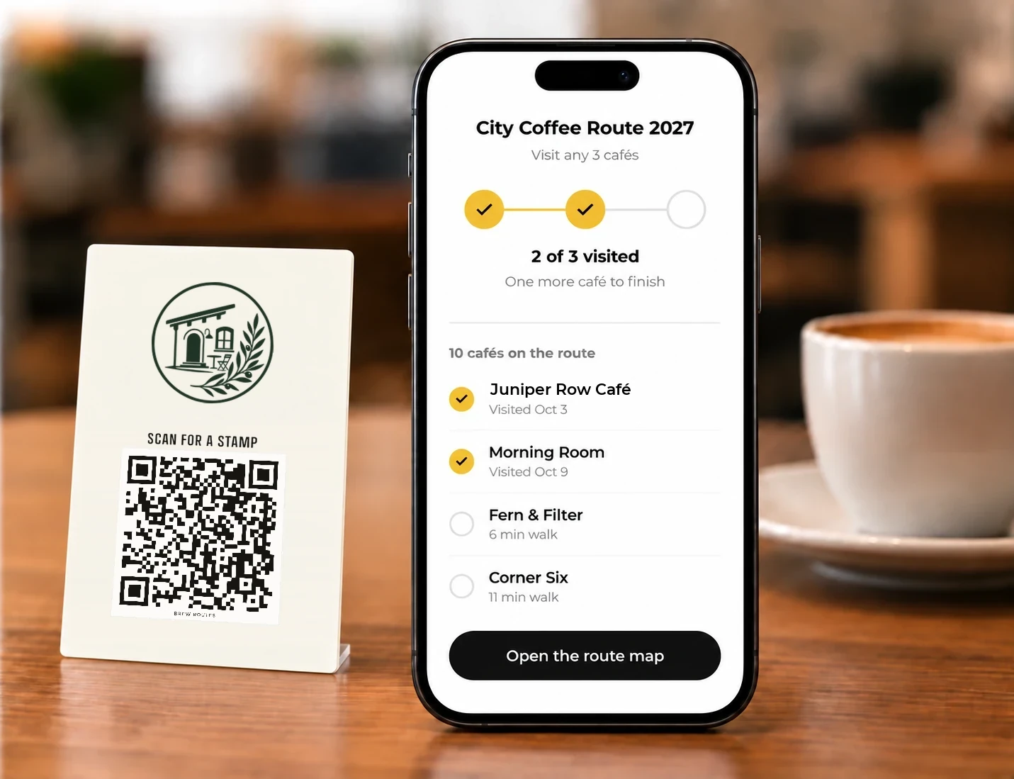 Illustrative café counter with a minimal acrylic QR sign, a coffee and an iPhone showing two of three route visits completed