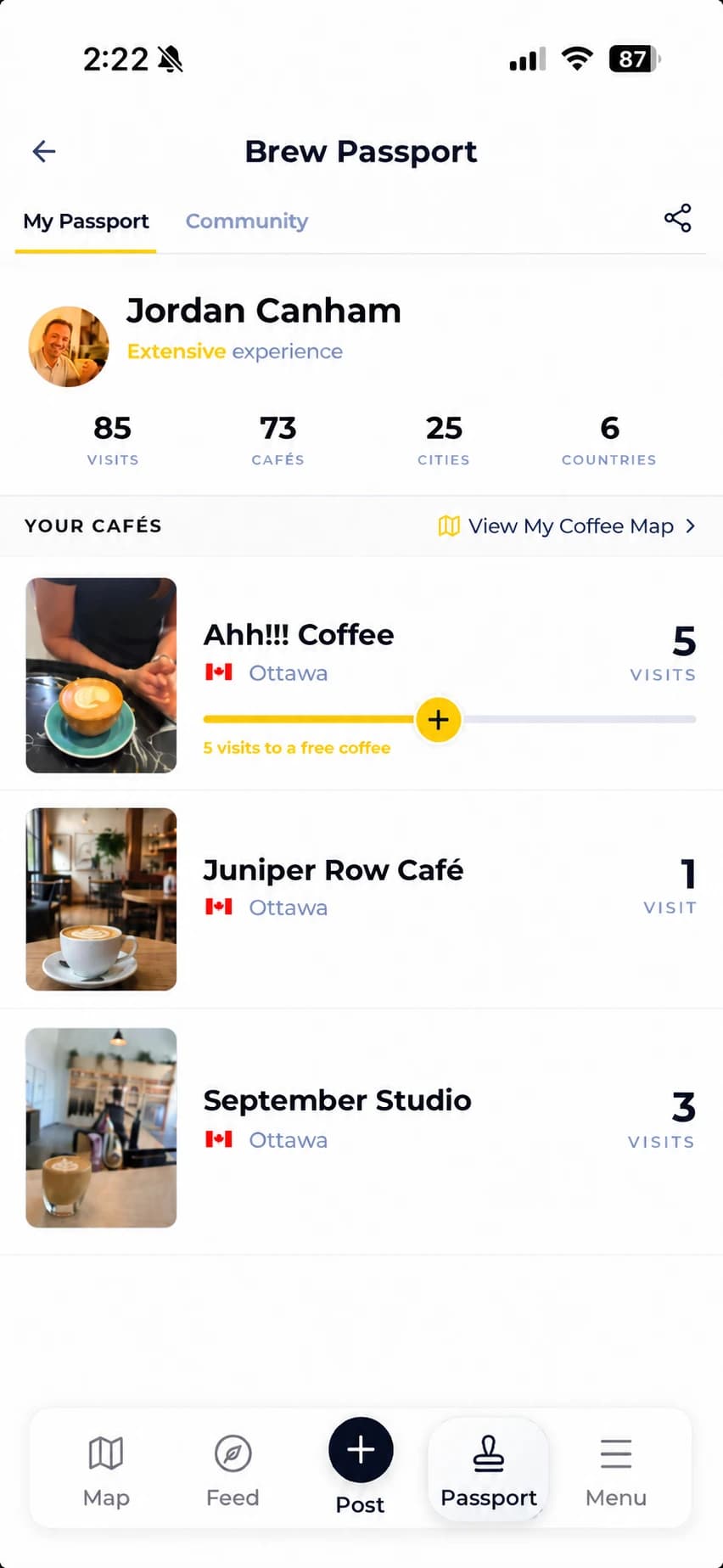A Brew Passport listing visits to Ahh!!! Coffee, Juniper Row Café and September Studio
